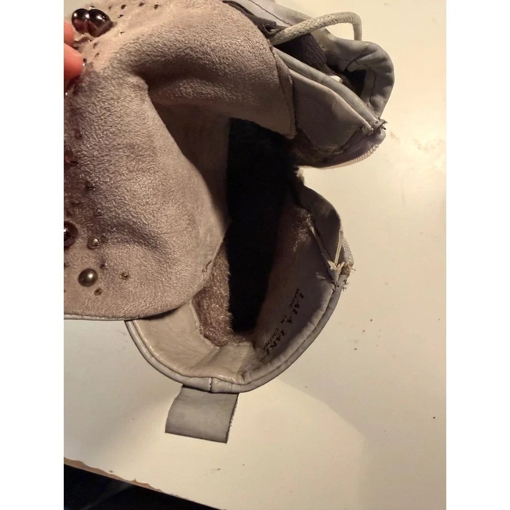 Lala Iaki Grey Studded Laser Cut Ankle Boots EU 40 Snakeskin Strap Buckle Zip